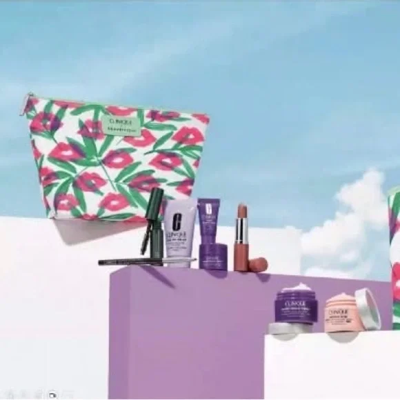 Clinique Floral Cosmetic Bag with Lipstick, Eye Pencil, Mascara, Wrinkle Creams - Picture 1 of 4